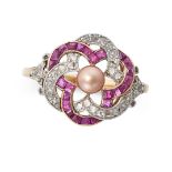 A VINTAGE PEARL, RUBY AND DIAMOND DRESS RING in yellow gold and platinum, set with a brown pearl ...