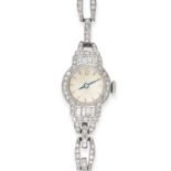 AN ART DECO DIAMOND COCKTAIL WATCH in platinum, comprising a round dial accented with gold baton ...
