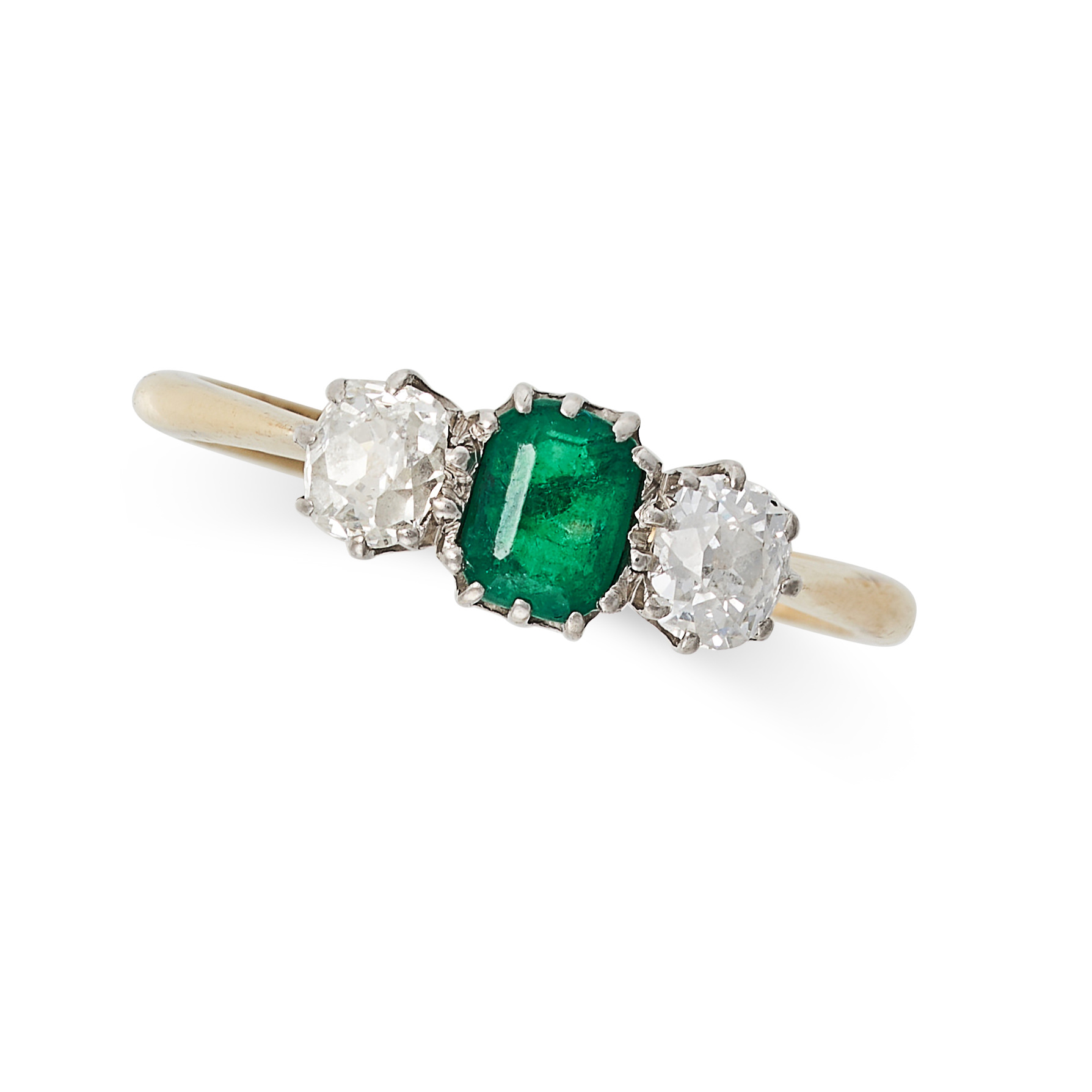 A VINTAGE EMERALD AND DIAMOND THREE STONE RING in 18ct yellow and white gold, set with an octagon...