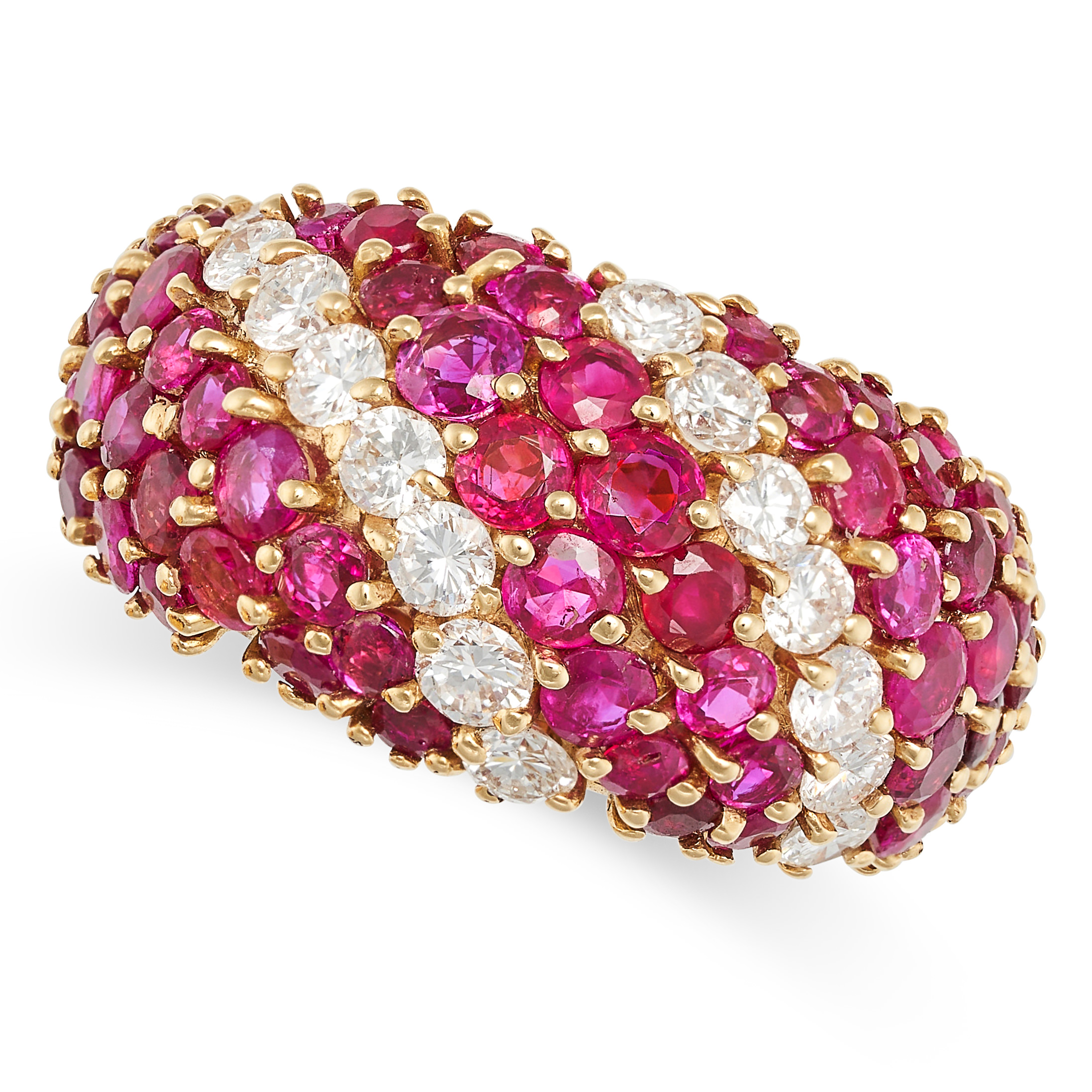 A RUBY AND DIAMOND BOMBE RING in 18ct yellow gold, set throughout with round cut rubies, accented...