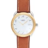 HERMES, AN ARCEAU WRISTWATCH in stainless steel and gold plate, white dial with italic Hermes Rom...