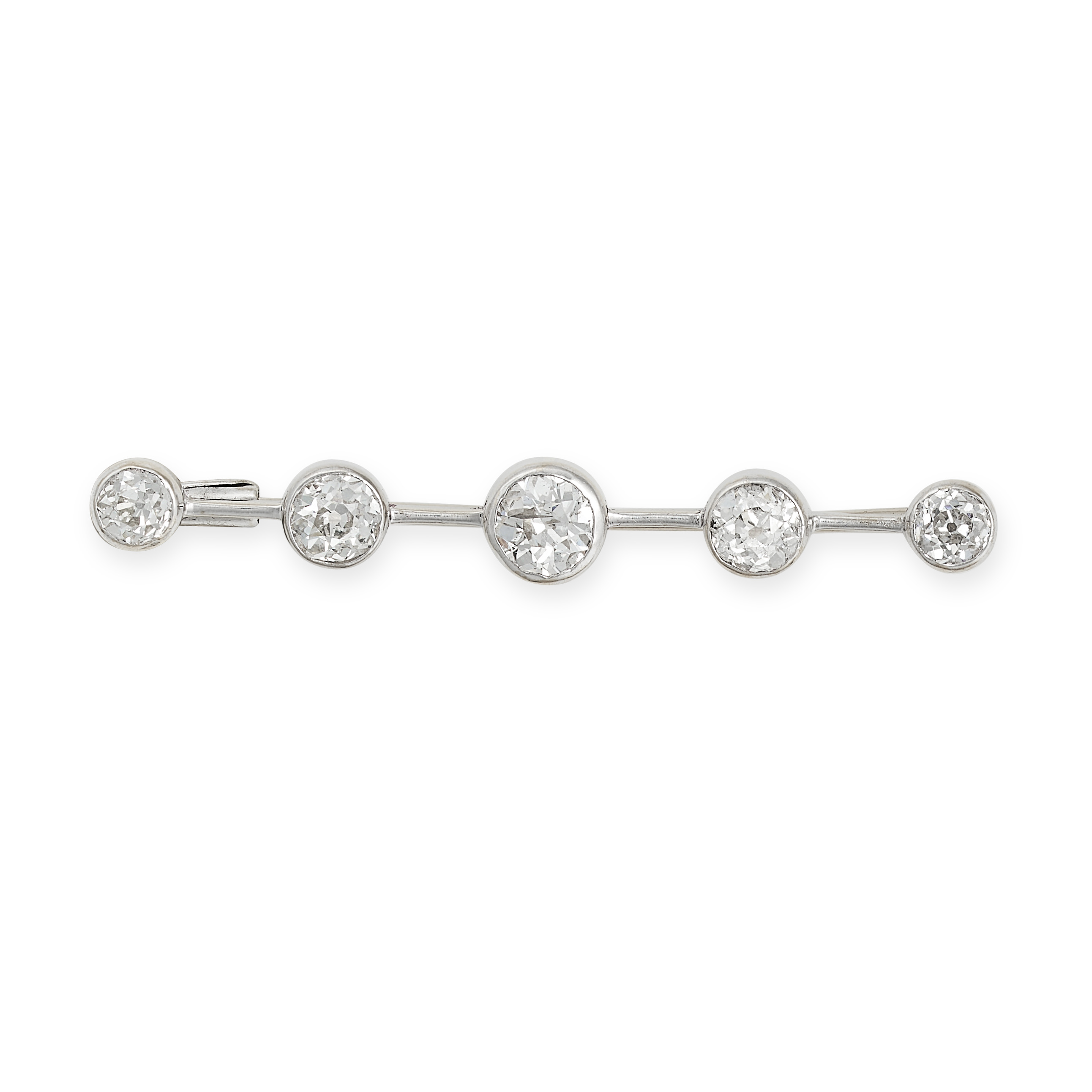 A VINTAGE FRENCH DIAMOND BAR BROOCH in 18ct white and yellow gold, set with a row of five old cut...