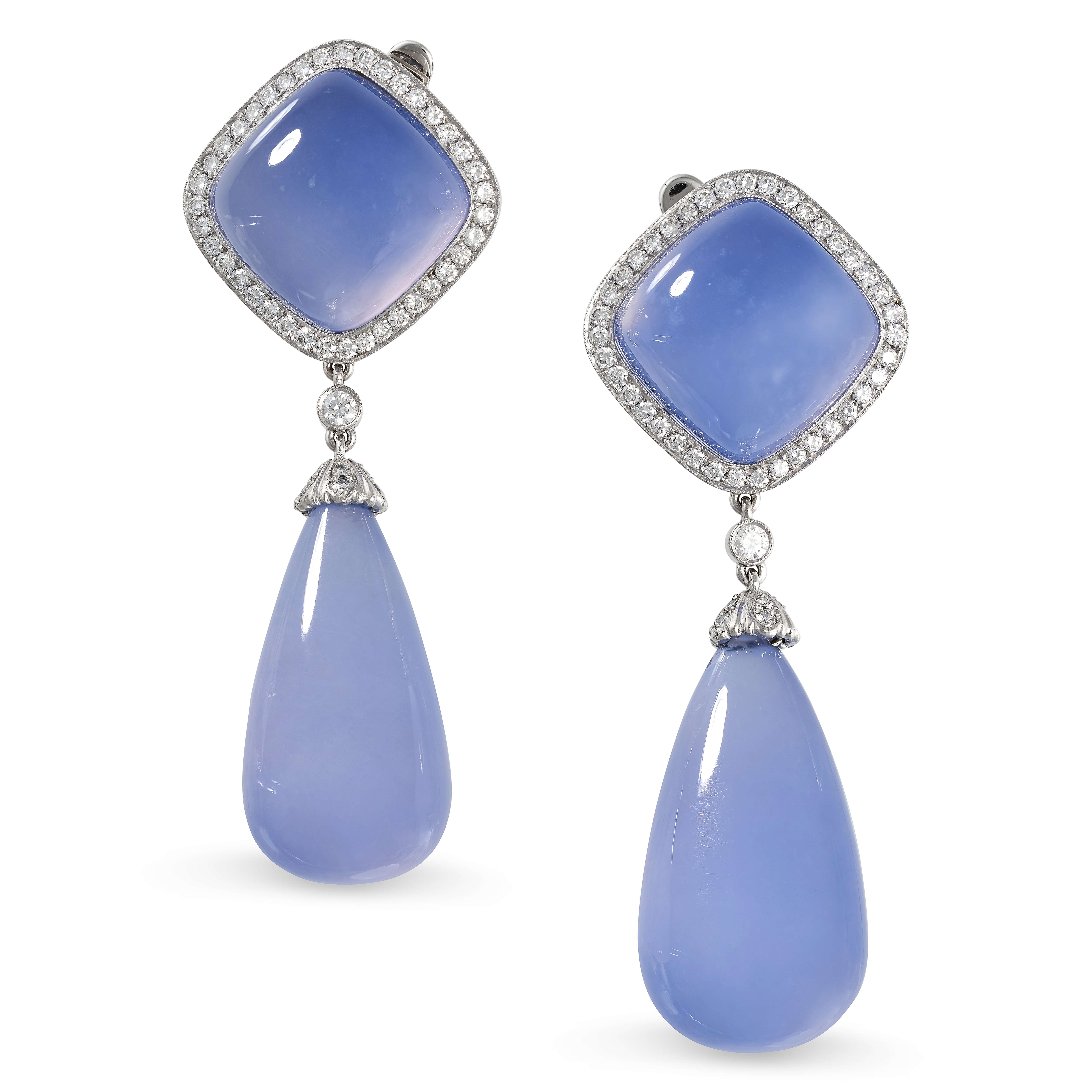 FRED LEIGHTON, A PAIR OF BLUE CHALCEDONY AND DIAMOND DROP EARRINGS in 18ct white gold and platinu...