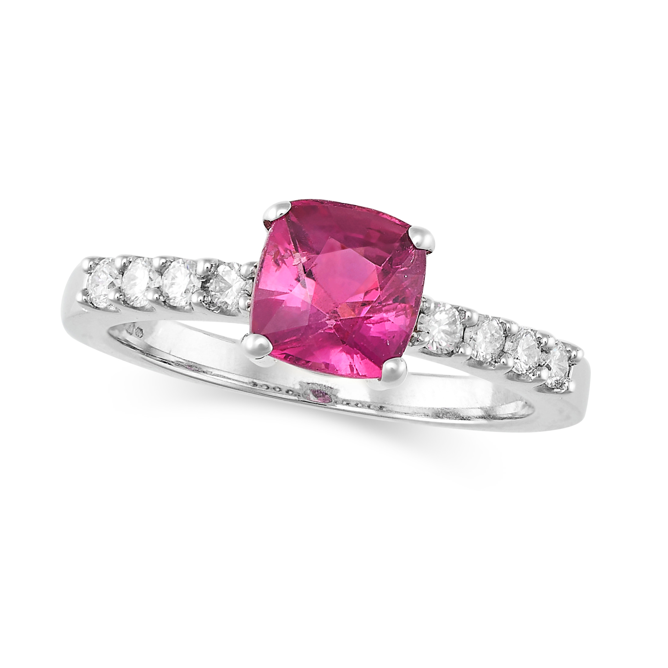 A PINK SAPPHIRE AND DIAMOND RING in 18ct white gold, set with a cushion cut pink sapphire of appr...