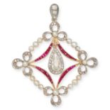 A BELLE EPOQUE RUBY, DIAMOND AND PEARL PENDANT in yellow gold and platinum, the openwork frame se...