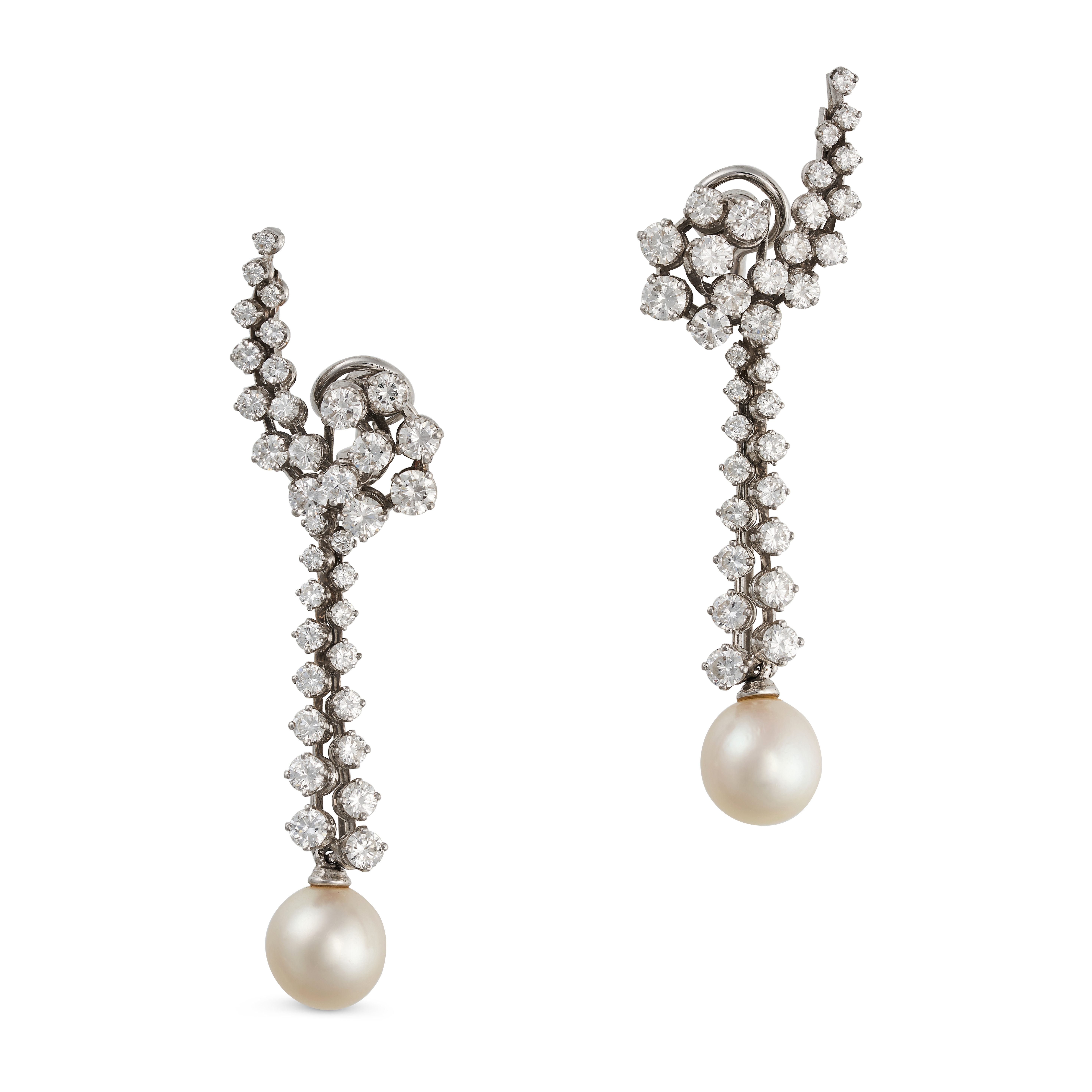 A PAIR OF DIAMOND AND PEARL DAY TO NIGHT DROP CLIP EARRINGS in 18ct white gold, each set with rou...