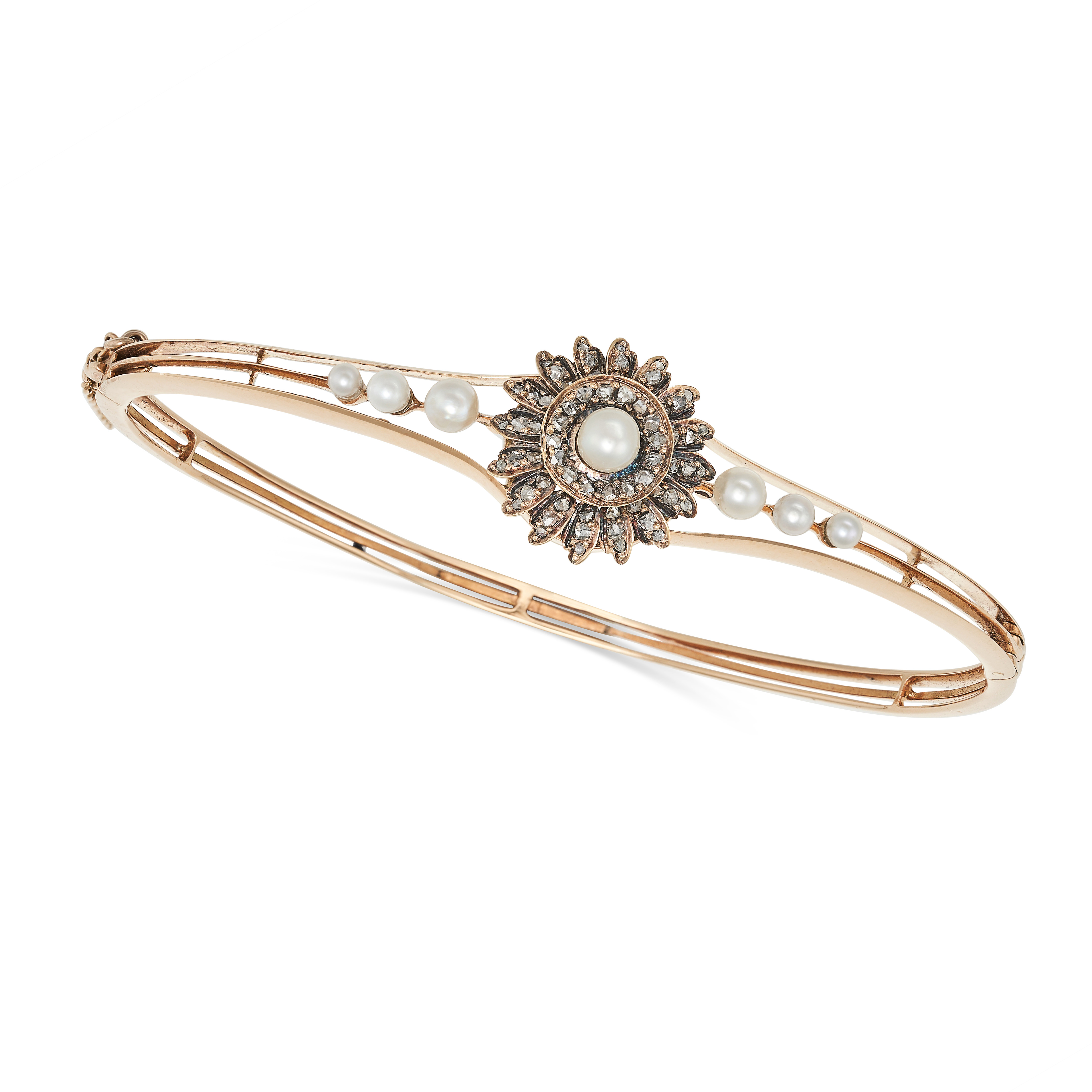 AN ANTIQUE VICTORIAN DIAMOND AND PEARL BANGLE in yellow gold, the hinged bangle set with a pearl ...