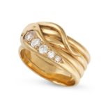 A DIAMOND SNAKE RING in 18ct yellow gold, designed as a coiled snake, the head set with five grad...