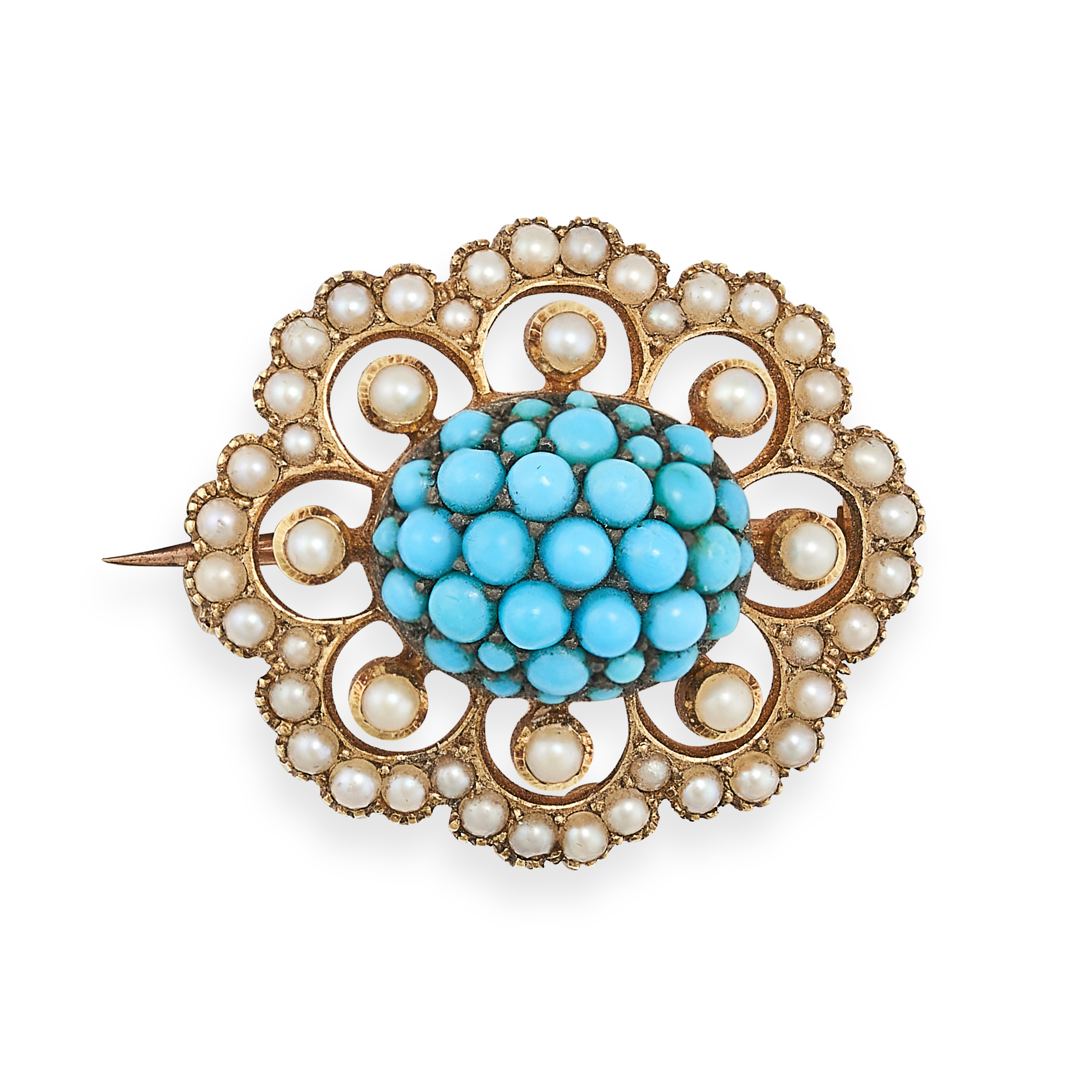 AN ANTIQUE VICTORIAN TURQUOISE AND PEARL BROOCH in 15ct yellow gold, the domed body set with cabo...