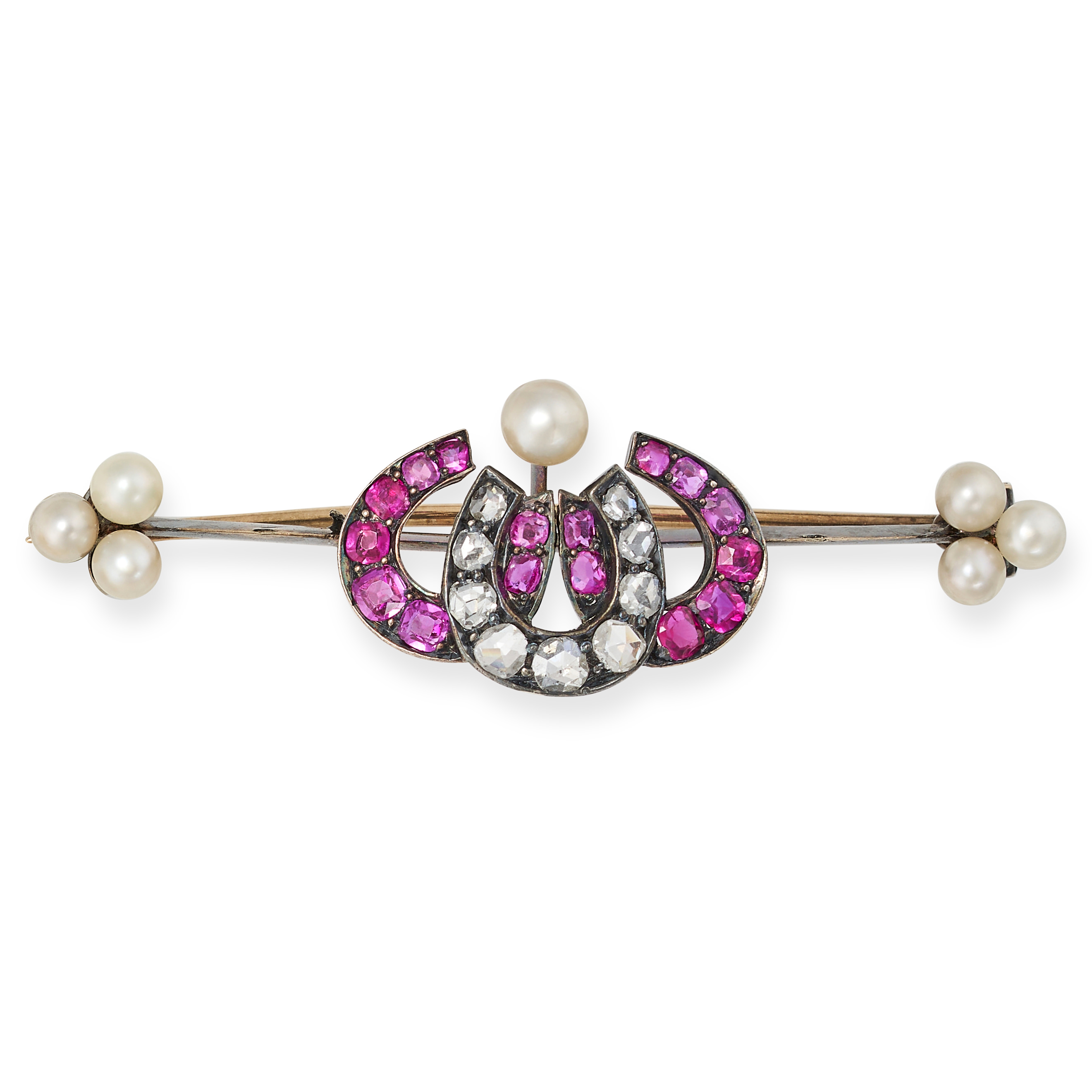 AN ANTIQUE RUBY, DIAMOND AND PEARL HORSESHOE BAR BROOCH, 19TH CENTURY in silver and yellow gold, ...