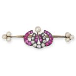 AN ANTIQUE RUBY, DIAMOND AND PEARL HORSESHOE BAR BROOCH, 19TH CENTURY in silver and yellow gold, ...