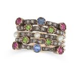 AN ANTIQUE GEMSET HAREM RING in gold and silver, formed of five connected rings set with sapphire...