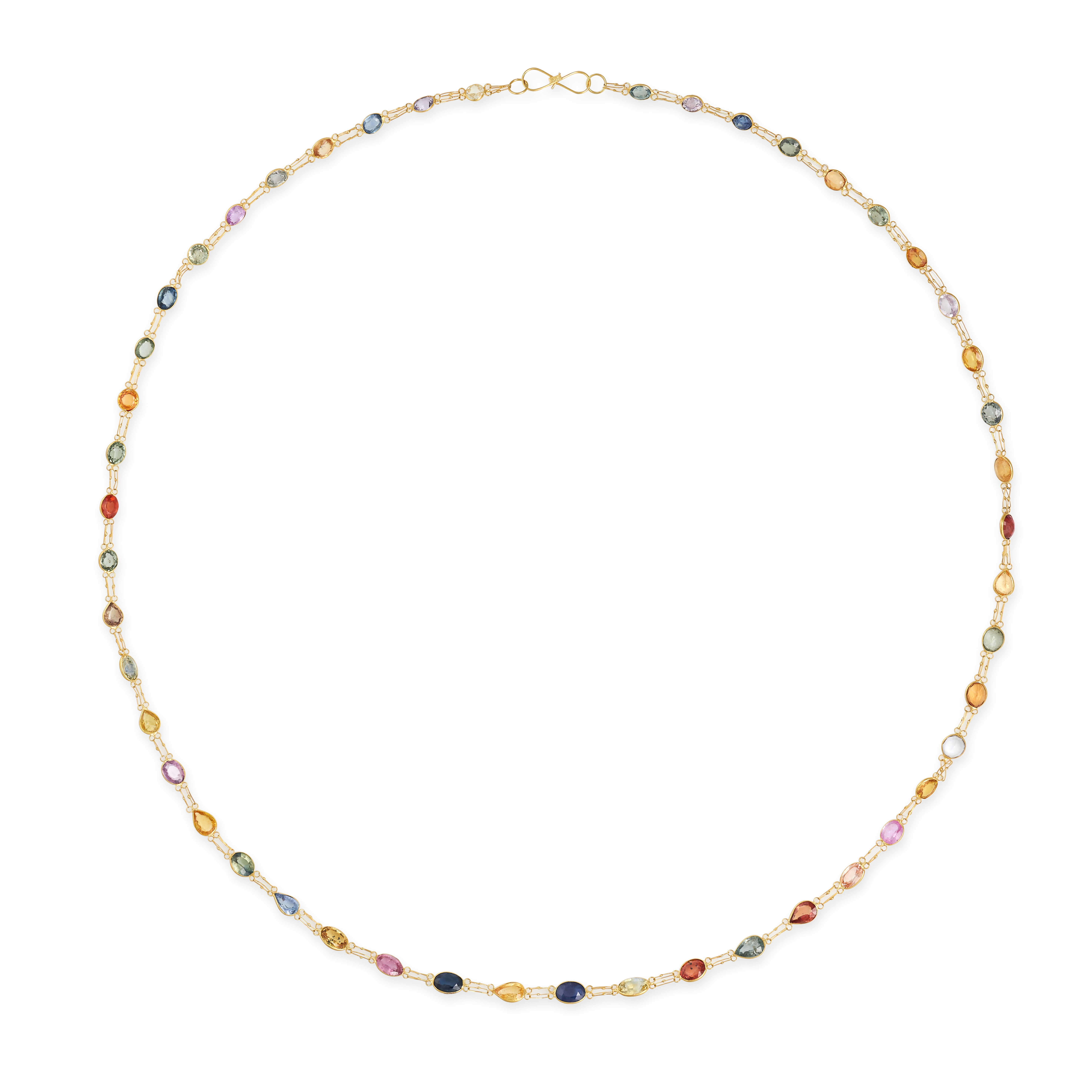 A MULTICOLOURED SAPPHIRE NECKLACE in yellow gold, comprising a row of oval and pear cut blue, yel...