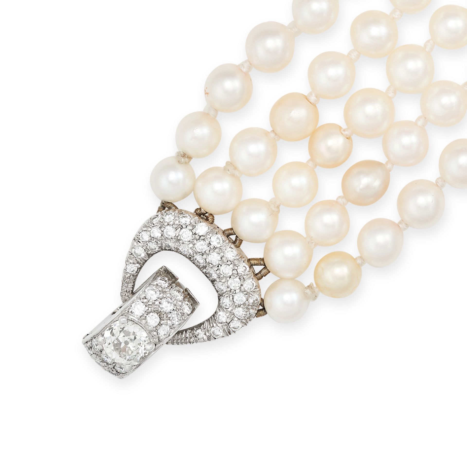 A FIVE ROW PEARL AND DIAMOND BRACELET comprising five rows of pearls, the openwork clasp designed... - Image 2 of 2