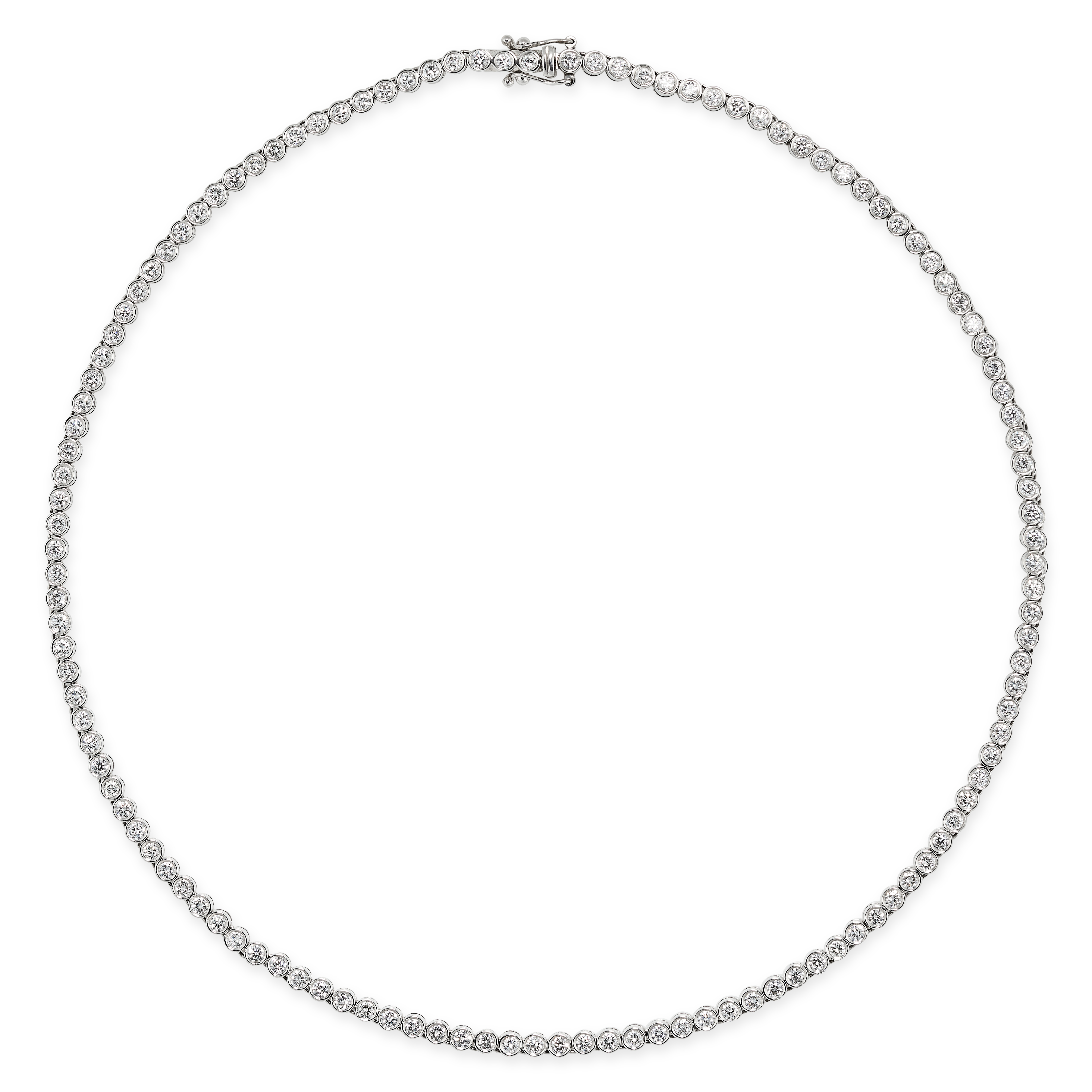 A DIAMOND RIVIERE NECKLACE in 18ct white gold, comprising a row of round brilliant cut diamonds a...