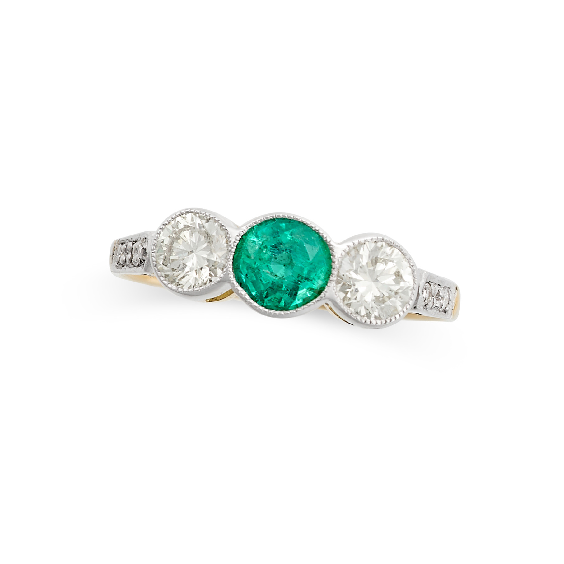 A VINTAGE EMERALD AND DIAMOND THREE STONE RING in 18ct yellow and white gold, set with a round cu...