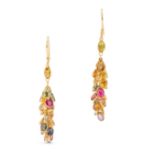 A PAIR OF MULTICOLOURED SAPPHIRE CLUSTER DROP EARRINGS in yellow gold, set with clusters of oval ...