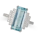 AN AQUAMARINE AND DIAMOND RING in 18ct white gold, set with an elongated step cut aquamarine of 3...