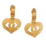 CHANEL, A PAIR OF VINTAGE HEART CC DROP EARRINGS each suspending a stylised heart with double C C...