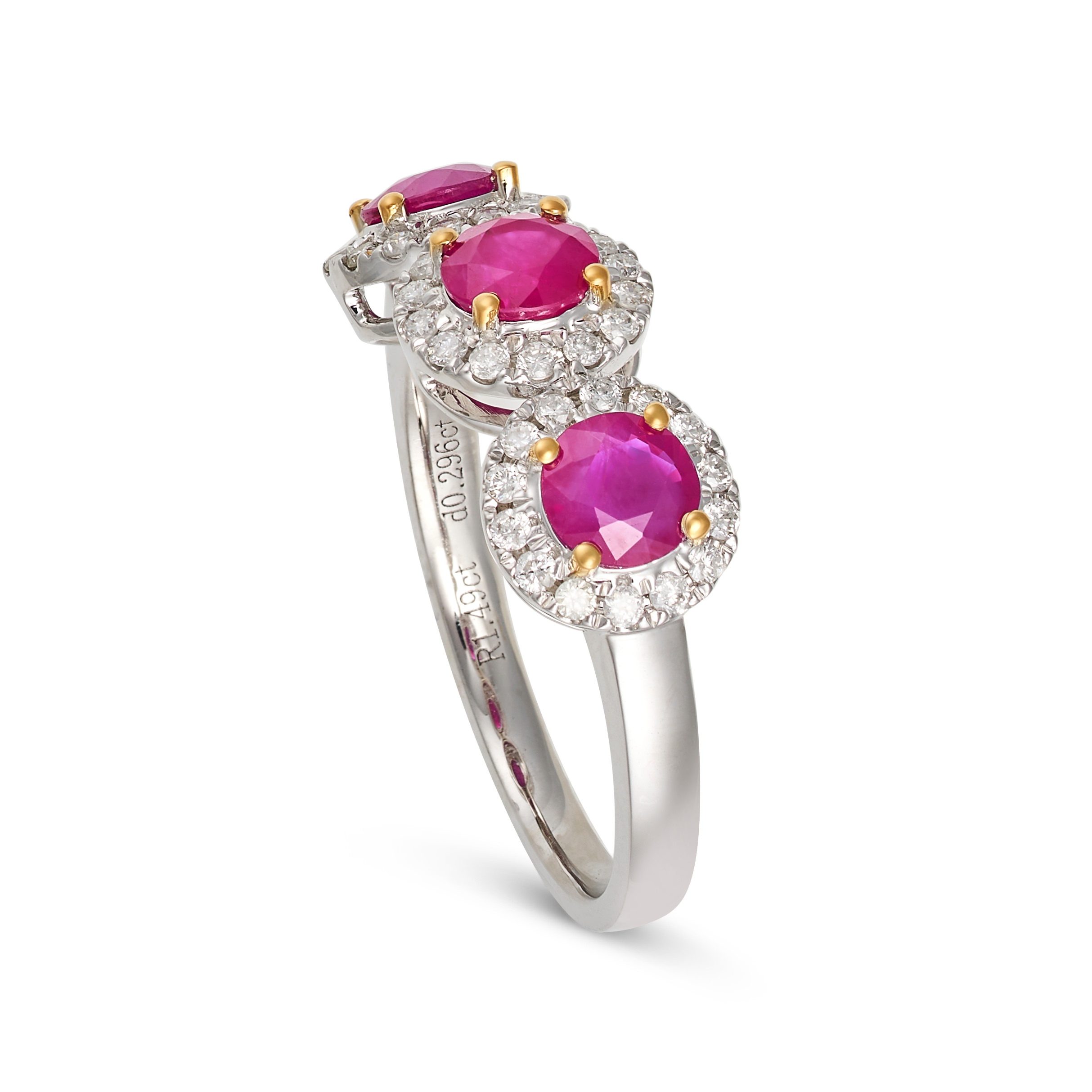 A RUBY AND DIAMOND CLUSTER RING in 18ct white gold, set with three round cut rubies in clusters o... - Image 2 of 2