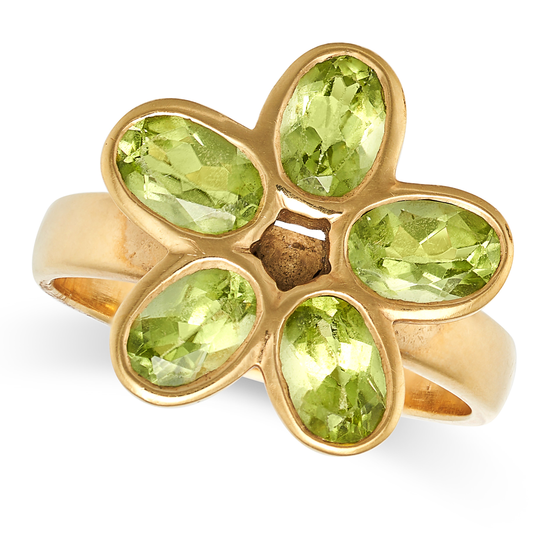 A PERIDOT CLUSTER RING in 18ct yellow gold, set with five oval cut peridots in a flower design, F...