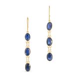 A PAIR OF SAPPHIRE DROP EARRINGS in yellow gold, each with three oval cut blue sapphires, no assa...