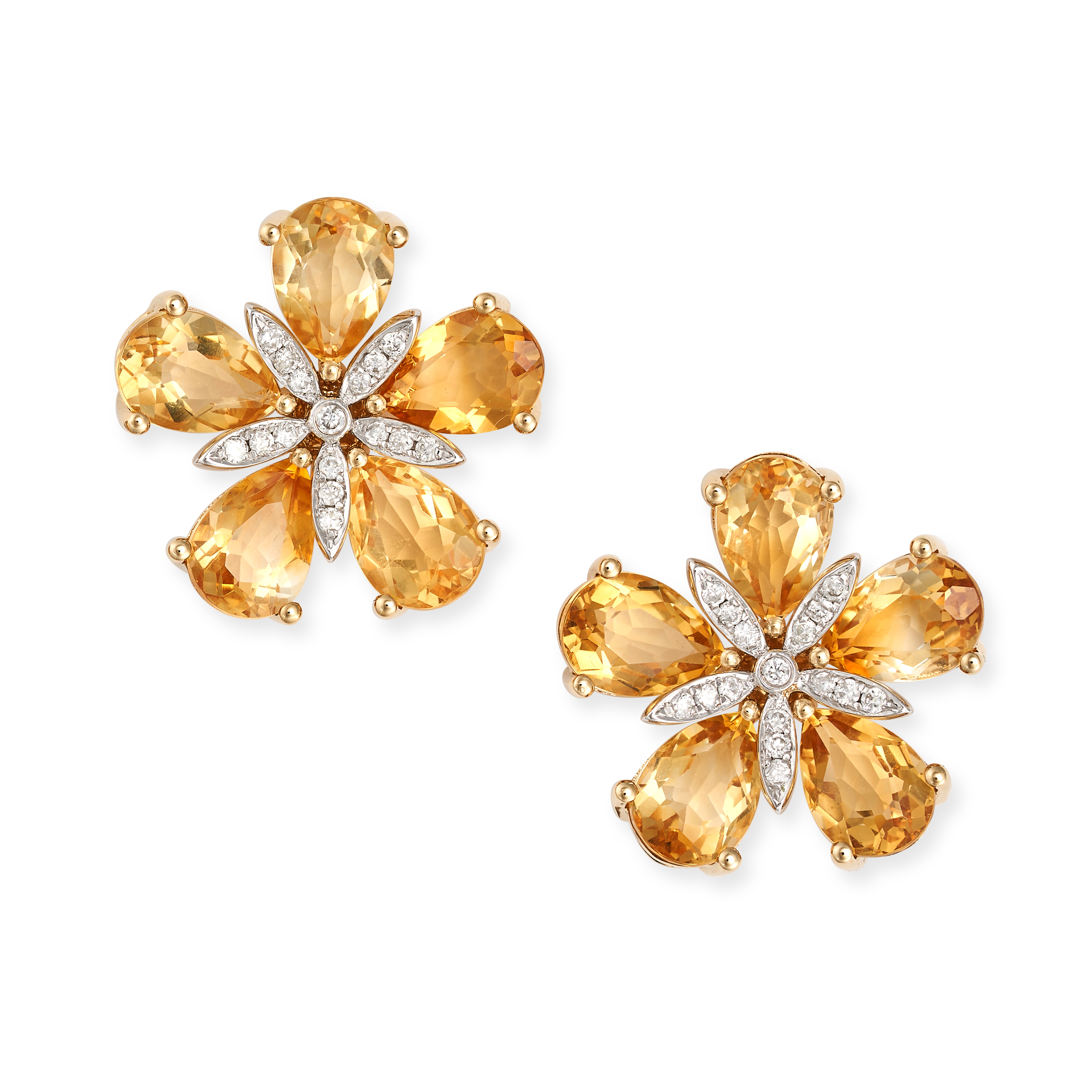 A PAIR OF CITRINE AND DIAMOND FLOWER EARRINGS in 18ct yellow and white gold, each designed as a f...