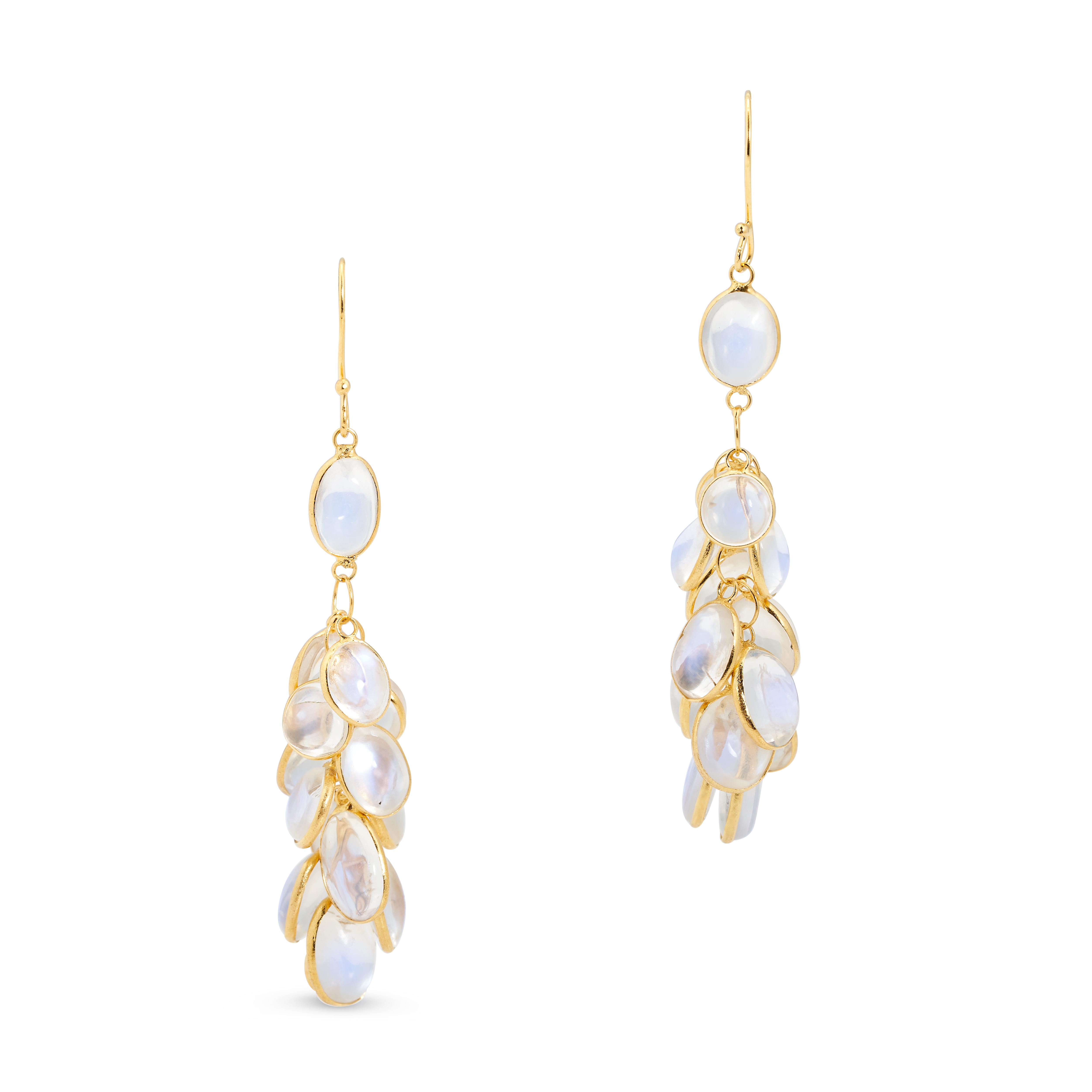 A PAIR OF MOONSTONE CLUSTER DROP EARRINGS in yellow gold, set with clusters of cabochon moonstone...
