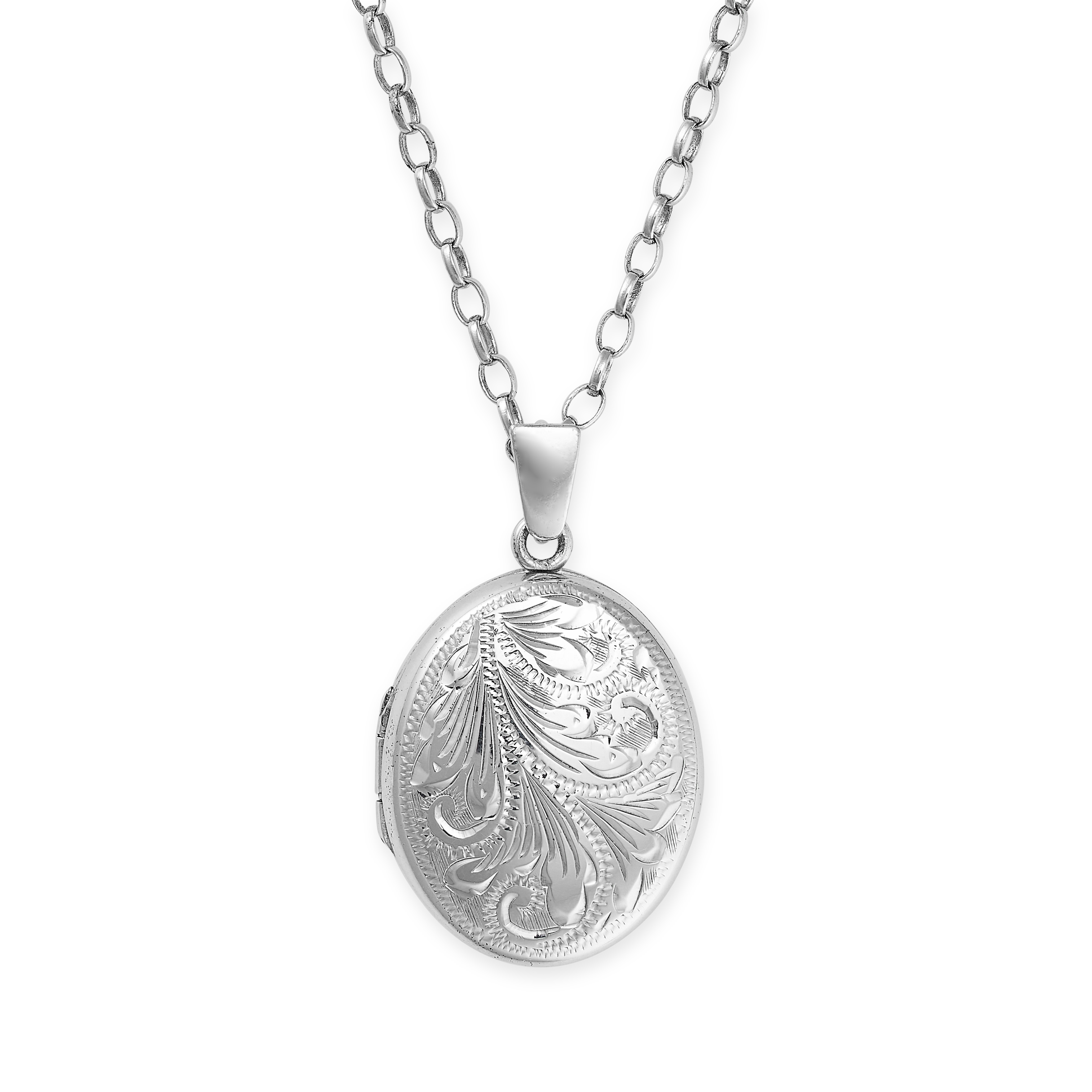 A LOCKET PENDANT NECKLACE in 9ct white gold, the hinged oval locket engraved in foliate design, s...