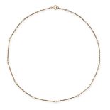 A VINTAGE NATURAL PEARL NECKLACE in 18ct yellow gold, comprising a trace link chain set with thir...