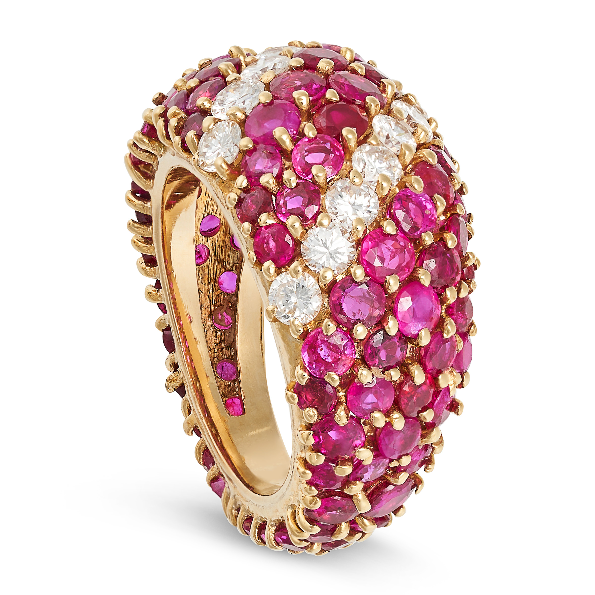 A RUBY AND DIAMOND BOMBE RING in 18ct yellow gold, set throughout with round cut rubies, accented... - Image 2 of 2