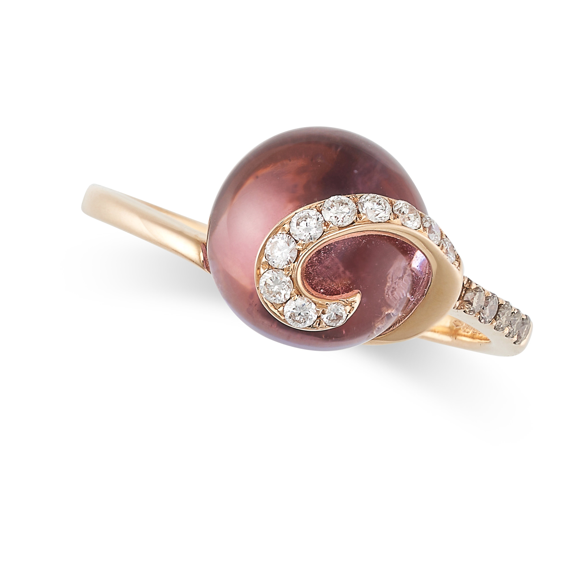 AN AMETHYST AND DIAMOND DRESS RING in 18ct rose gold, set with a cabochon cut amethyst accented b...