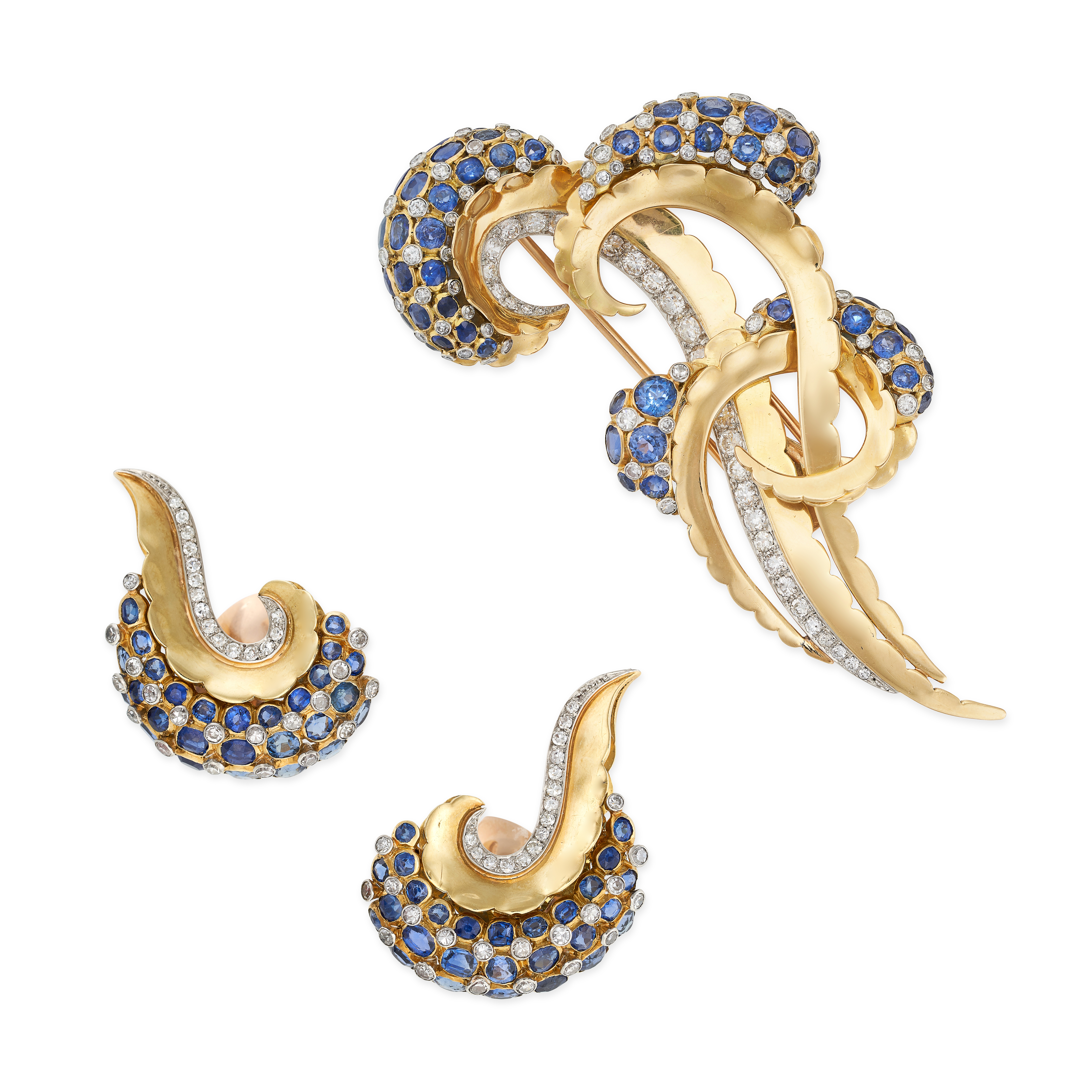 GHISO, A VINTAGE SAPPHIRE AND DIAMOND DEMI PARURE in yellow gold, comprising a brooch and a pair ...