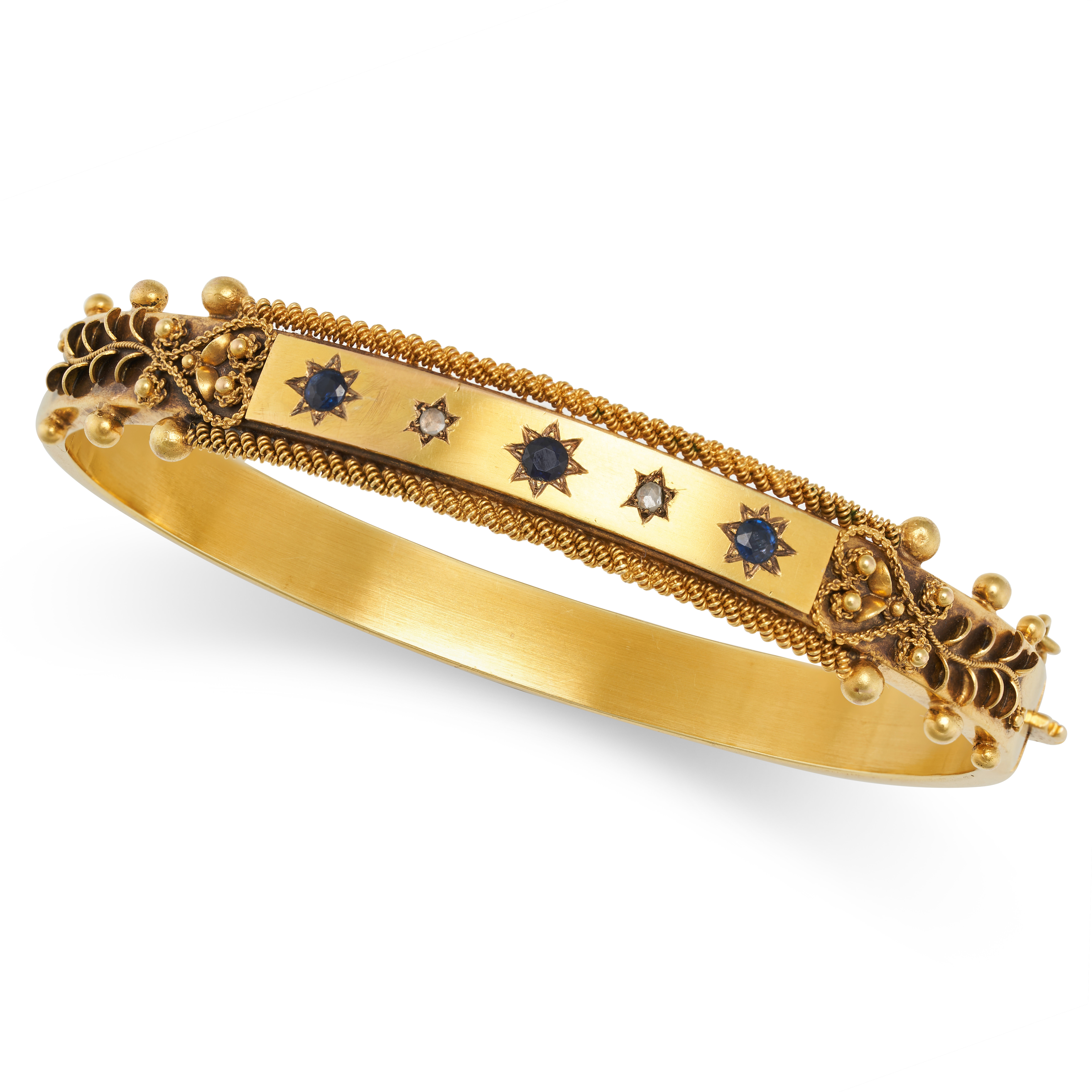 AN ANTIQUE VICTORIAN SAPPHIRE AND DIAMOND BANGLE in 15ct yellow gold, set with alternating sapphi...