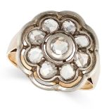 A DIAMOND CLUSTER RING in 18ct yellow gold, set with a cluster of rose cut diamonds to an openwor...