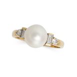 A PEARL AND DIAMOND DRESS RING in 18ct yellow gold, set with a pearl of 8.3mm, the shoulders set ...