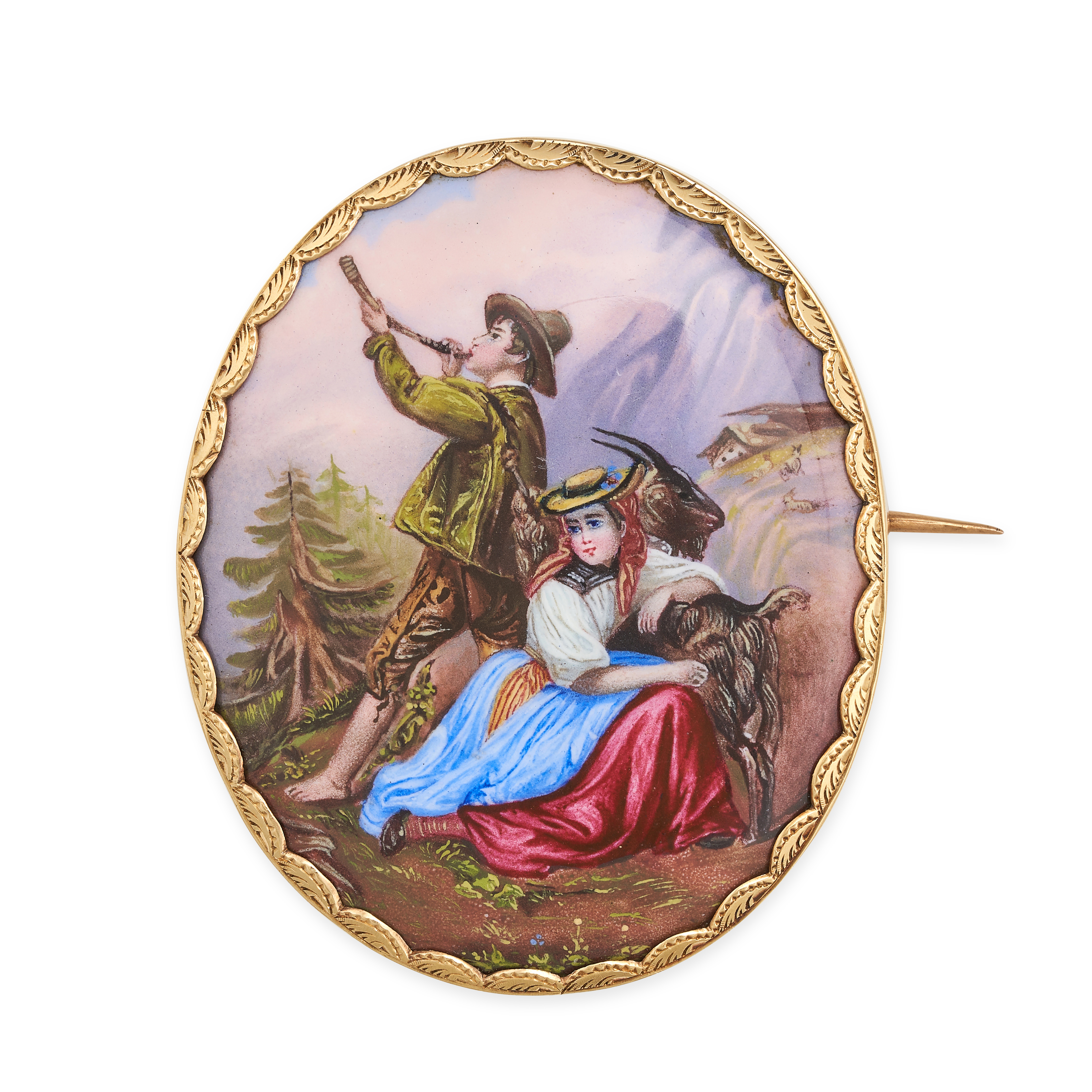 AN ANTIQUE SWISS ENAMEL BROOCH, CIRCA 1840 in yellow gold, of oval outline, set with an enamelled...