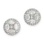 A PAIR OF DIAMOND CLUSTER EARRINGS in 18ct white gold, each set with a princess cut diamond in a ...