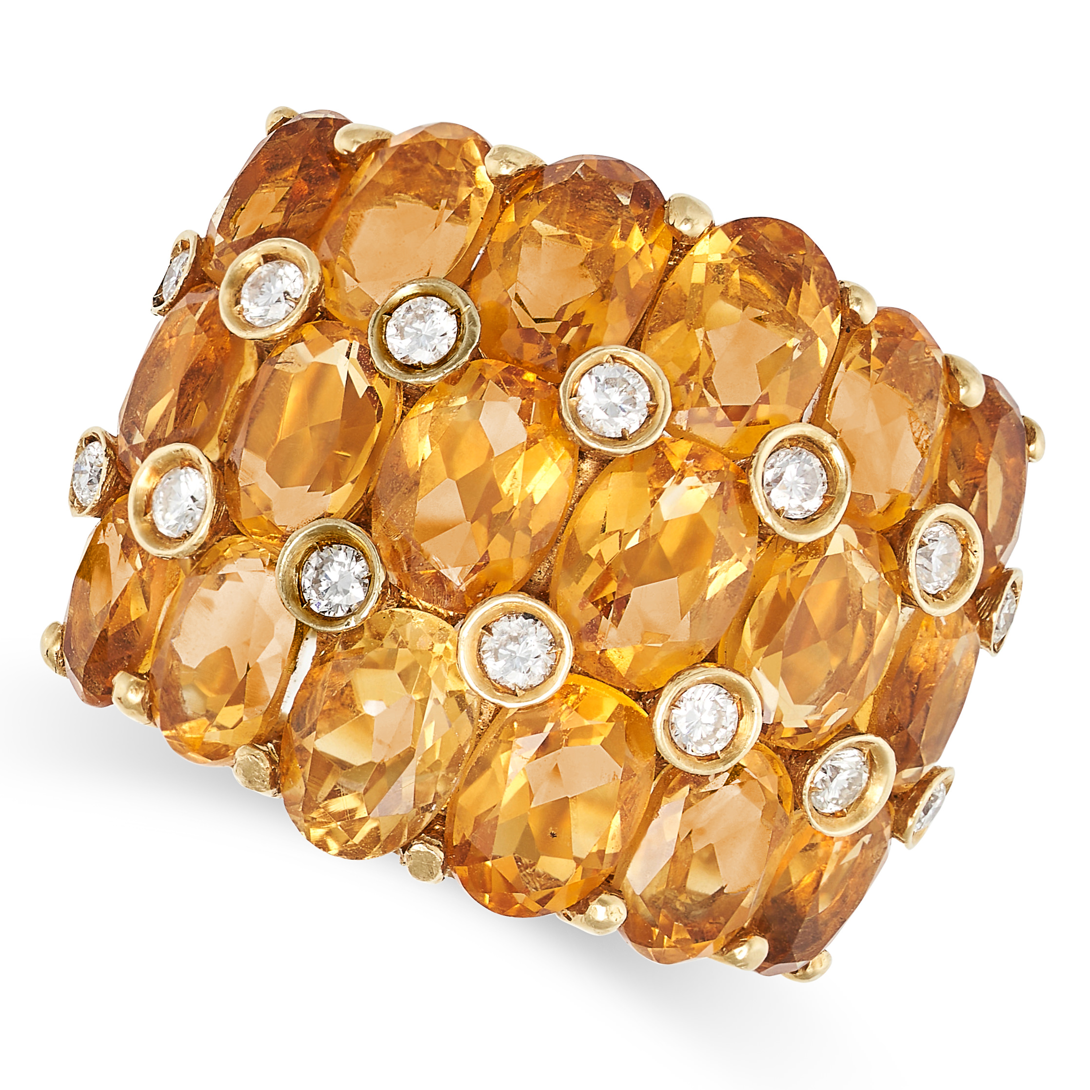 A VINTAGE CITRINE AND DIAMOND BOMBE RING in 18t yellow gold, set with oval cut citrines totalling...