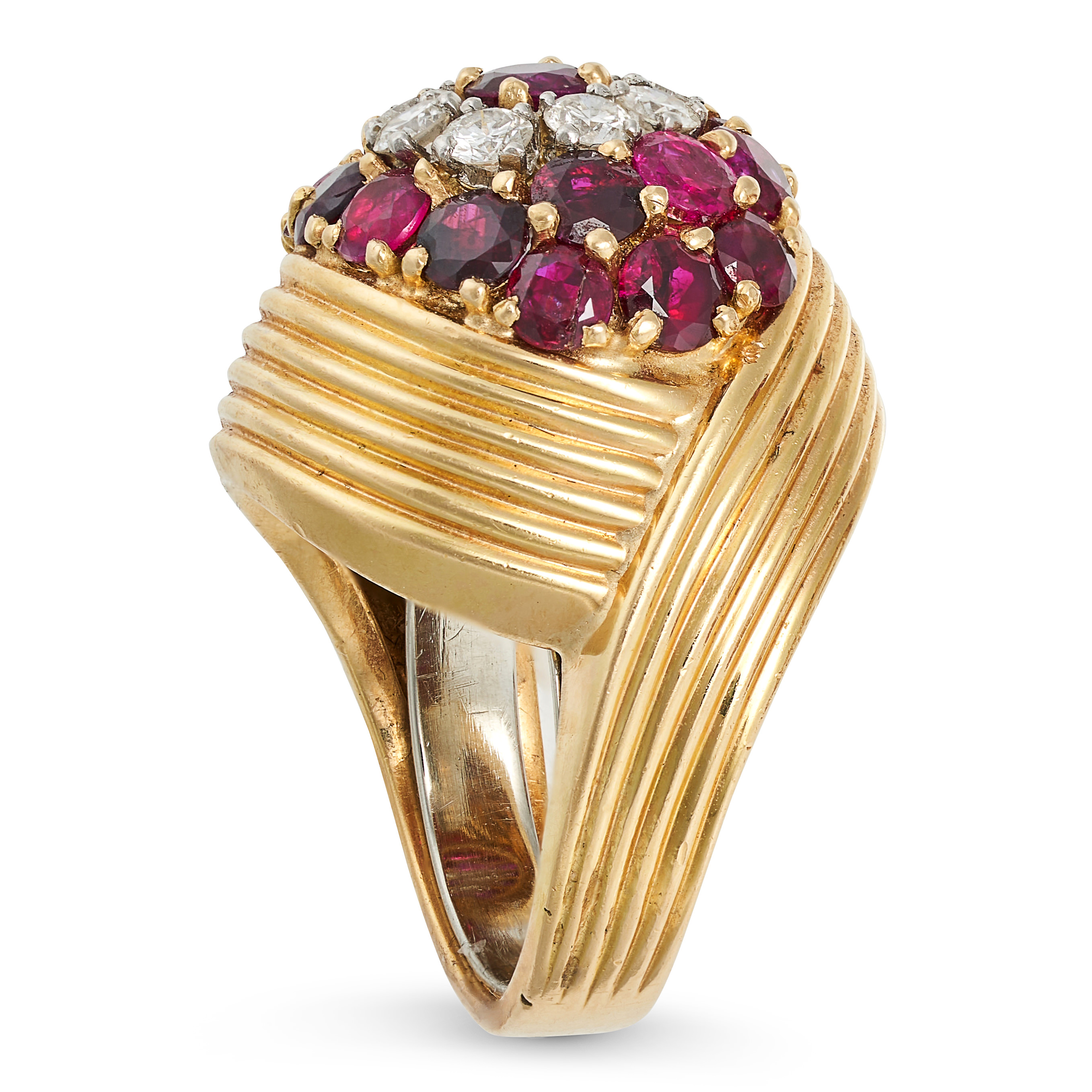 A VINTAGE RUBY AND DIAMOND BOMBE RING in yellow gold, set to the centre with round cut ruby in a ... - Image 2 of 2