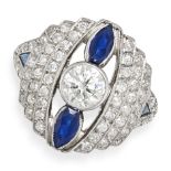 A DIAMOND AND SAPPHIRE DRESS RING in platinum, set with a round brilliant cut diamond of approxim...