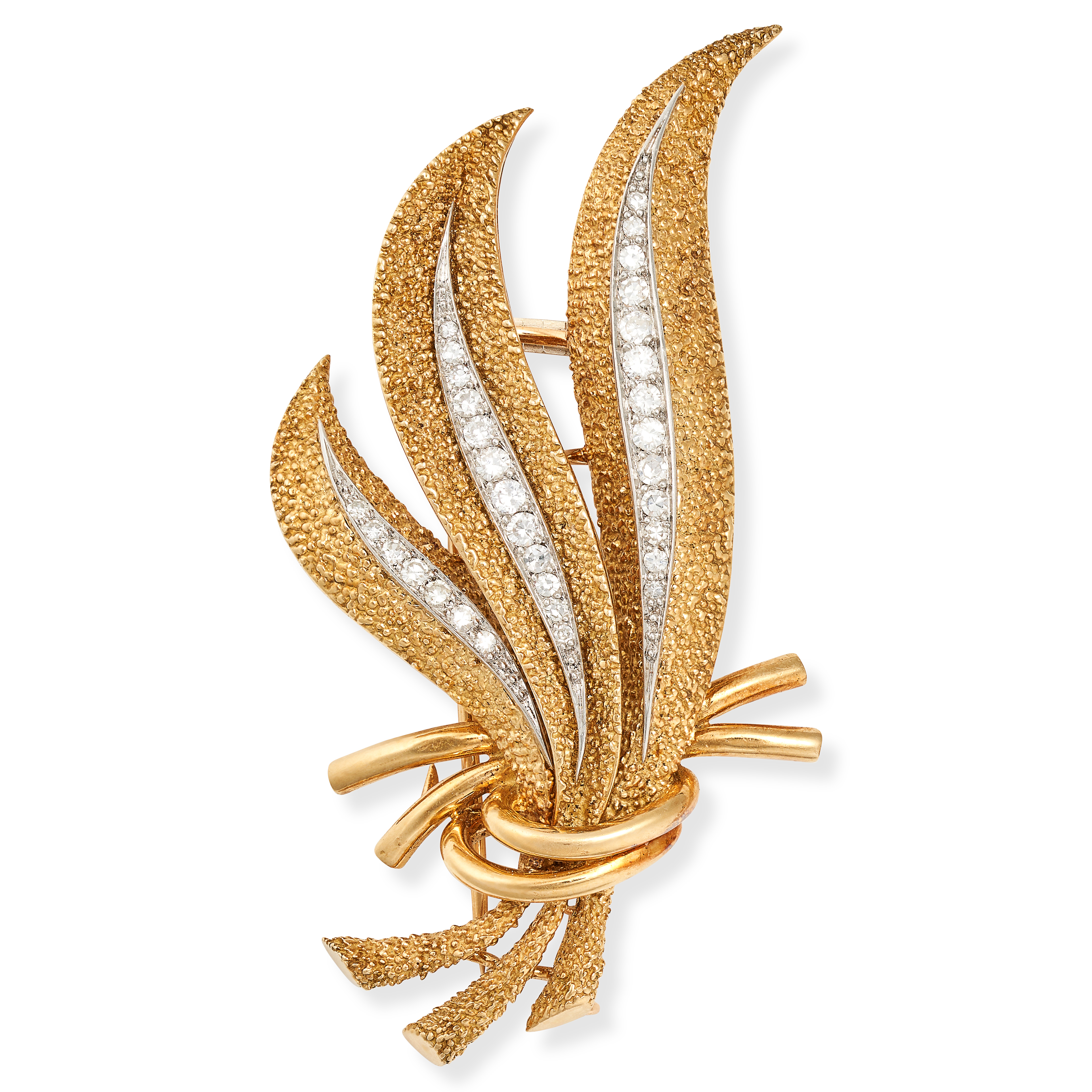 A VINTAGE DIAMOND SPRAY BROOCH in 18ct yellow gold and platinum, designed as an abstract floral b...