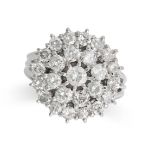 A DIAMOND CLUSTER RING in 18ct white gold, set with a cluster of round brilliant cut diamonds, th...