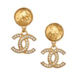 CHANEL, A PAIR OF VINTAGE RHINESTONE DROP EARRINGS each with a textured clip suspending an interl...