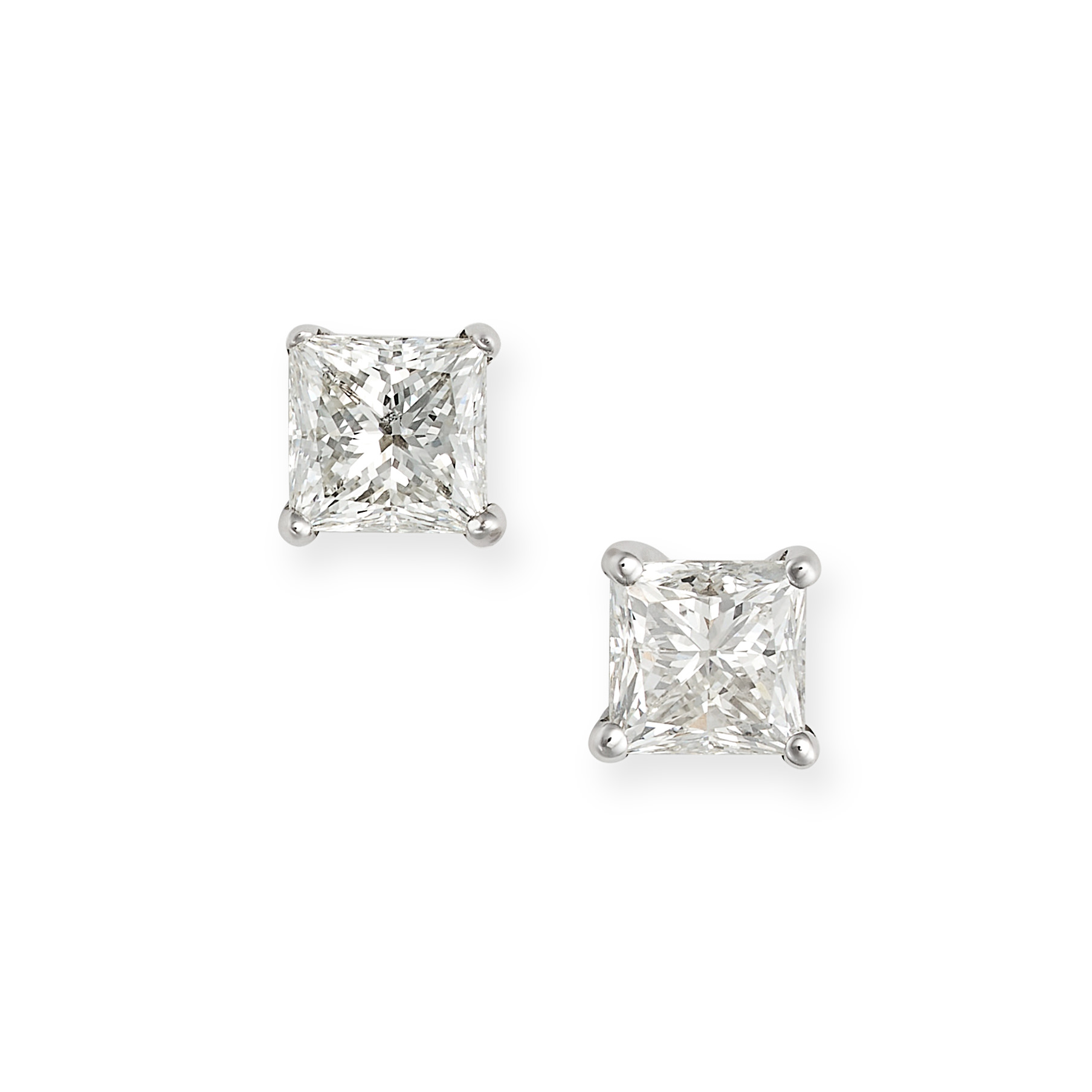 A PAIR OF DIAMOND STUD EARRINGS in 18ct yellow and white gold, each set with a princess cut diamo...