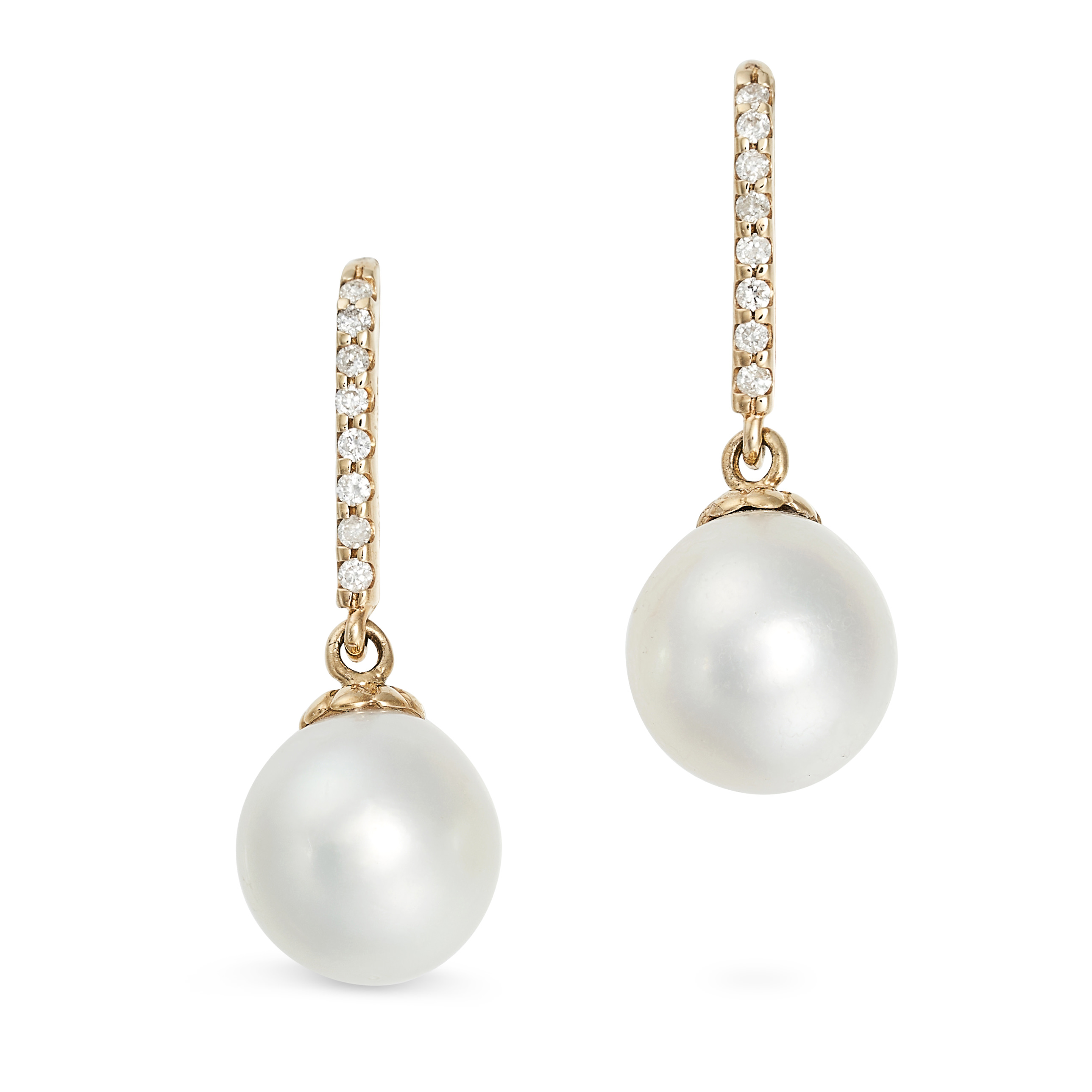 A PAIR OF DIAMOND AND PEARL DROP EARRINGS in 14ct yellow gold, each comprising a row of round bri...