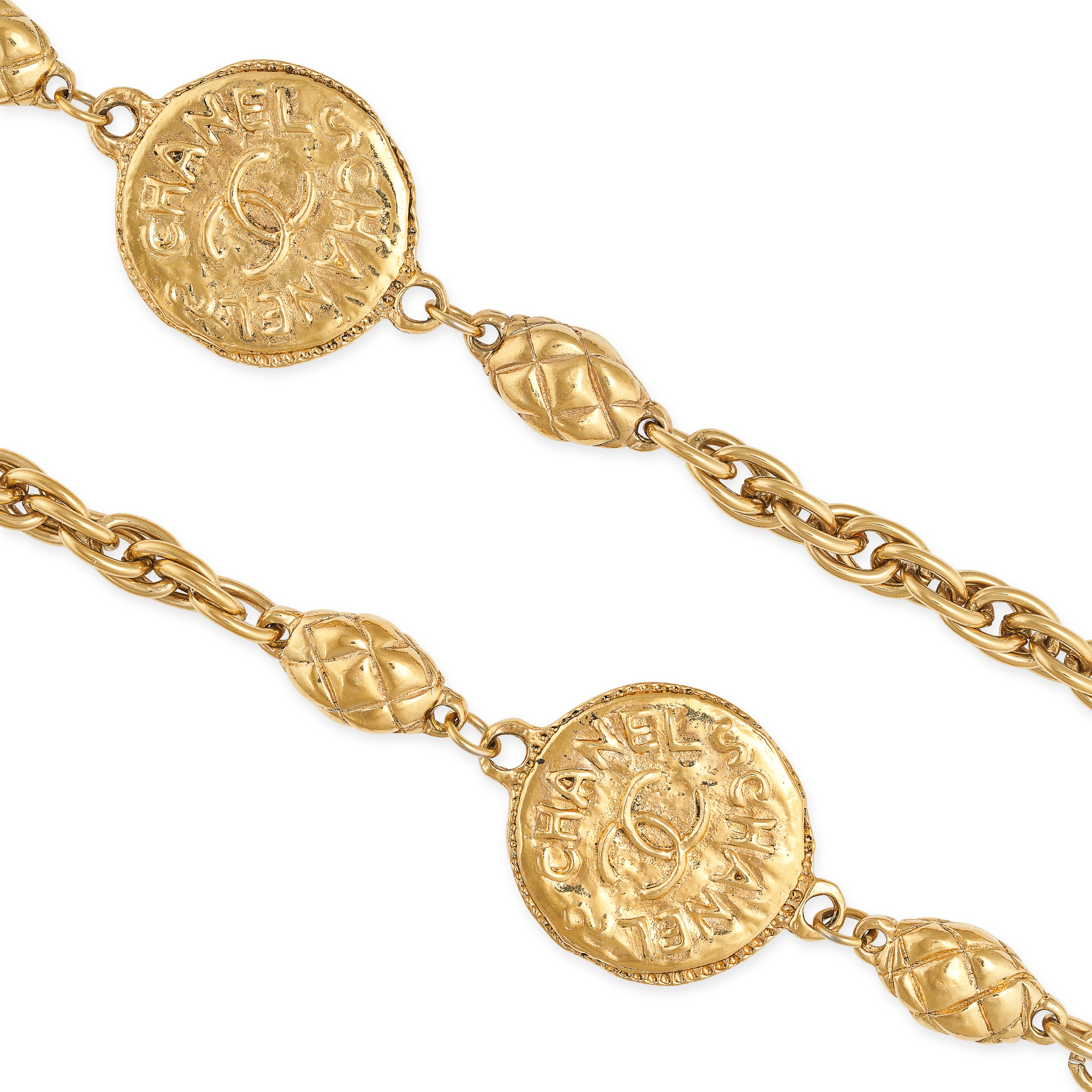 CHANEL, A VINTAGE FANCY LINK NECKLACE in gold plate, set with two Chanel motif disks between link... - Image 2 of 2