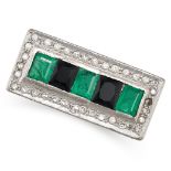 AN EMERALD, SAPPHIRE AND DIAMOND DRESS RING in 18ct white gold, set with a row of alternating ste...
