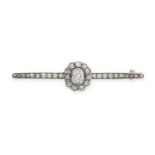 AN ANTIQUE DIAMOND BAR BROOCH in yellow gold, set with a cluster of old cut diamonds, accented on...
