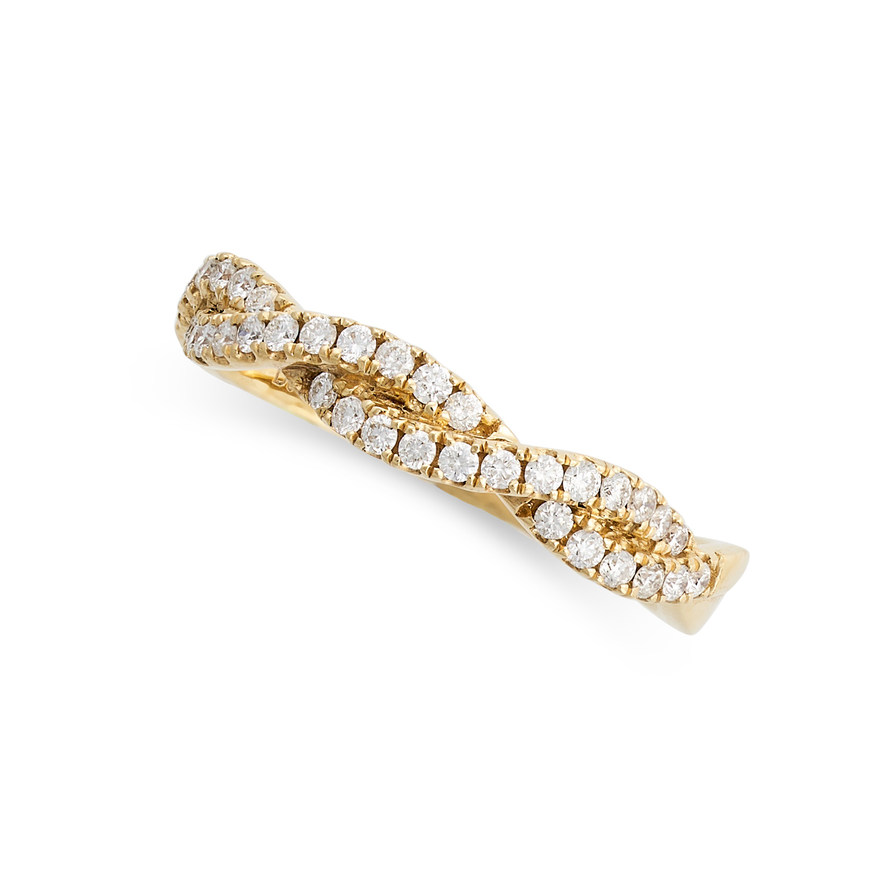 A DIAMOND DRESS RING in 18ct yellow gold, in a twisted design set with two rows of round brillian...